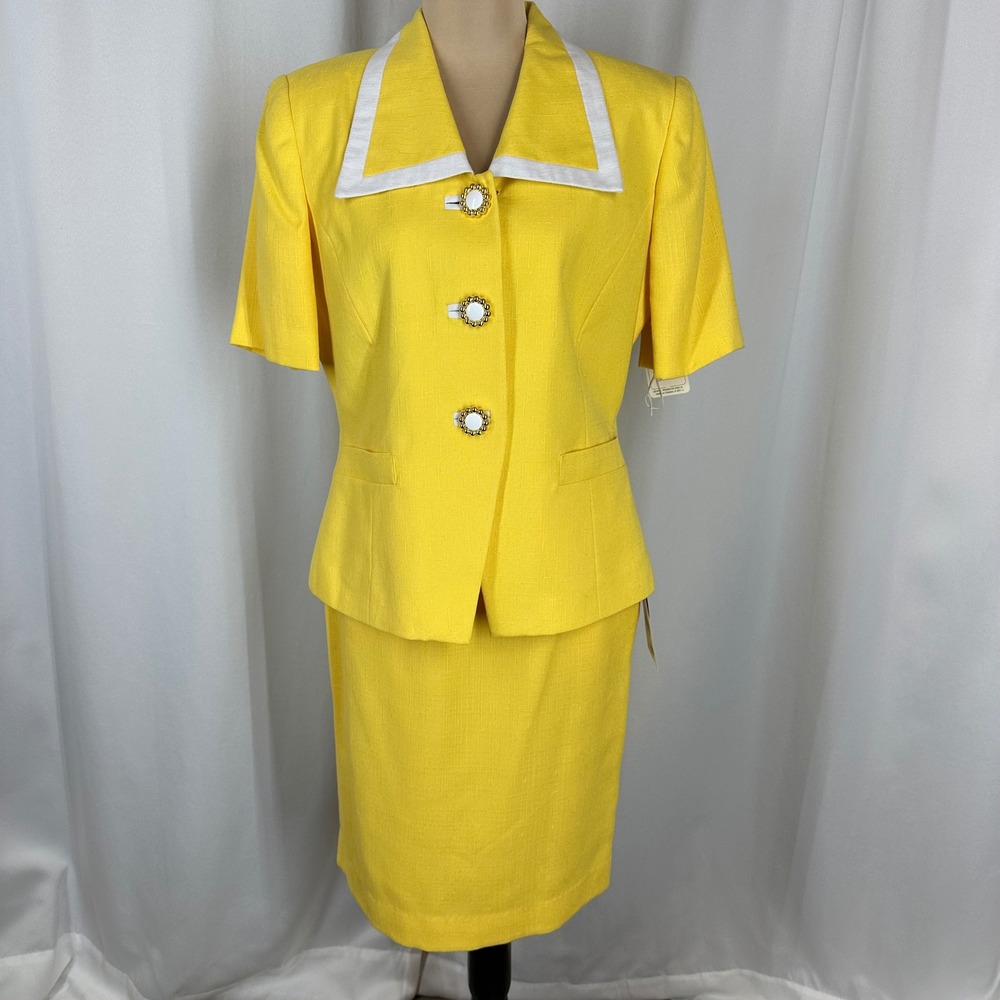 Morgan Miller Yellow Rayon Polyester 2 Pc Skirt Suit Size 8 Petite Career - Picture 2 of 16